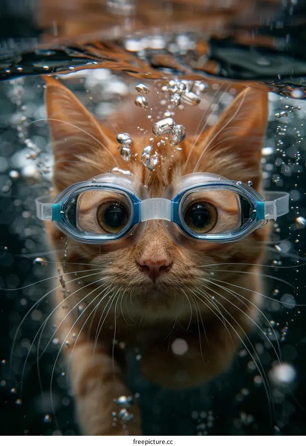 A ginger cat wearing swimming goggles is swimming underwater