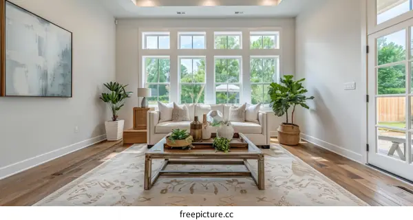 Bright living room with large windows and white walls