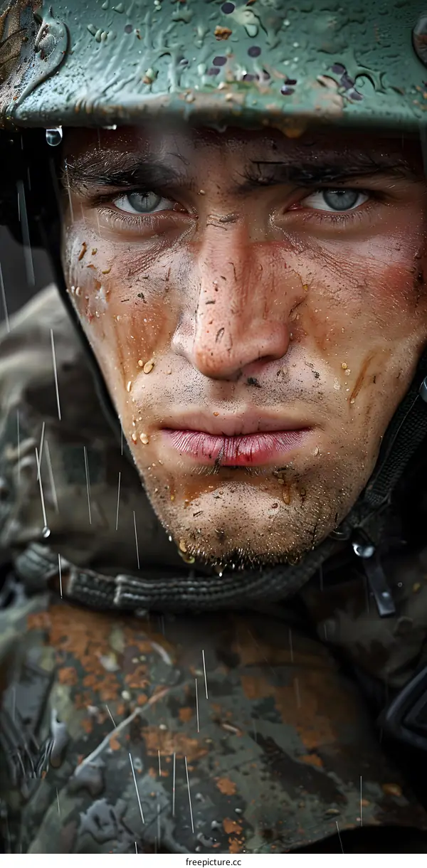Portrait of a young soldier with raindrops on his face