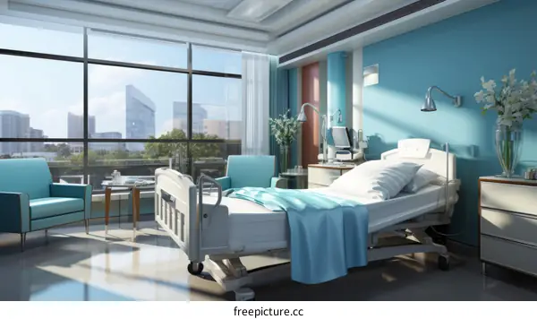 A hospital room with a bed, a chair, and a table