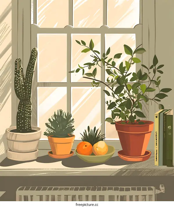 Windowsill Plants Illustration with Cactus, Citrus and Books