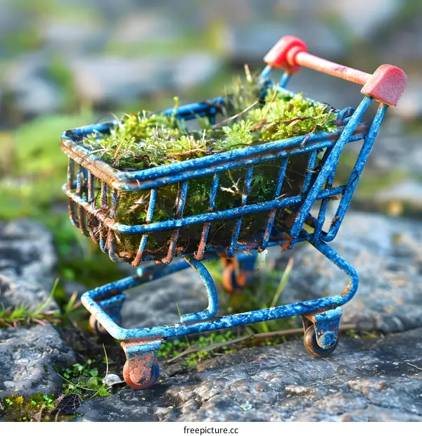 Small Rusty Shopping Cart Filled With Moss