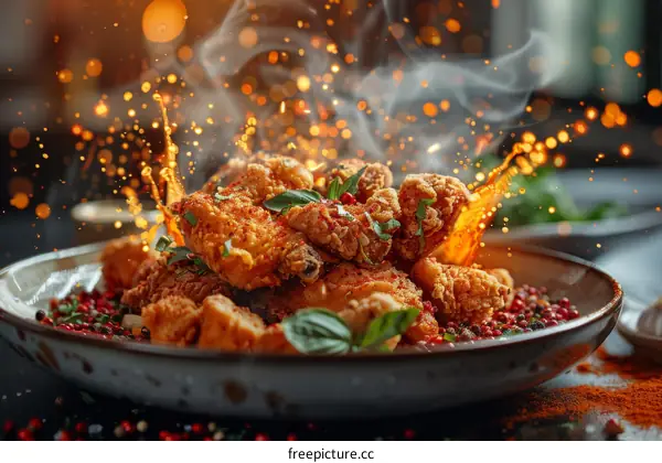 A plate of crispy fried chicken with spices