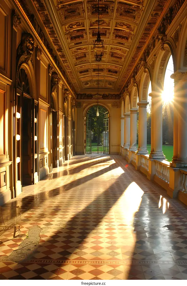 Sunlight Streaming Through An Elegant Arched Corridor