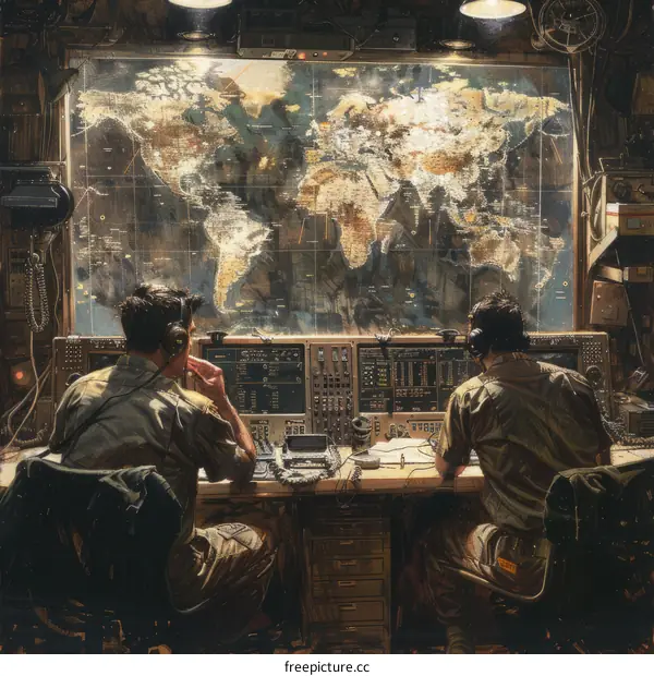 Military personnel monitoring a world map