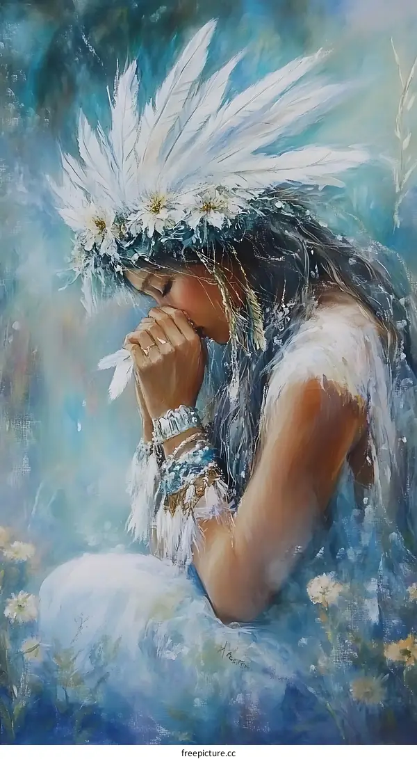 Native American Woman Praying with Feathers and Flowers