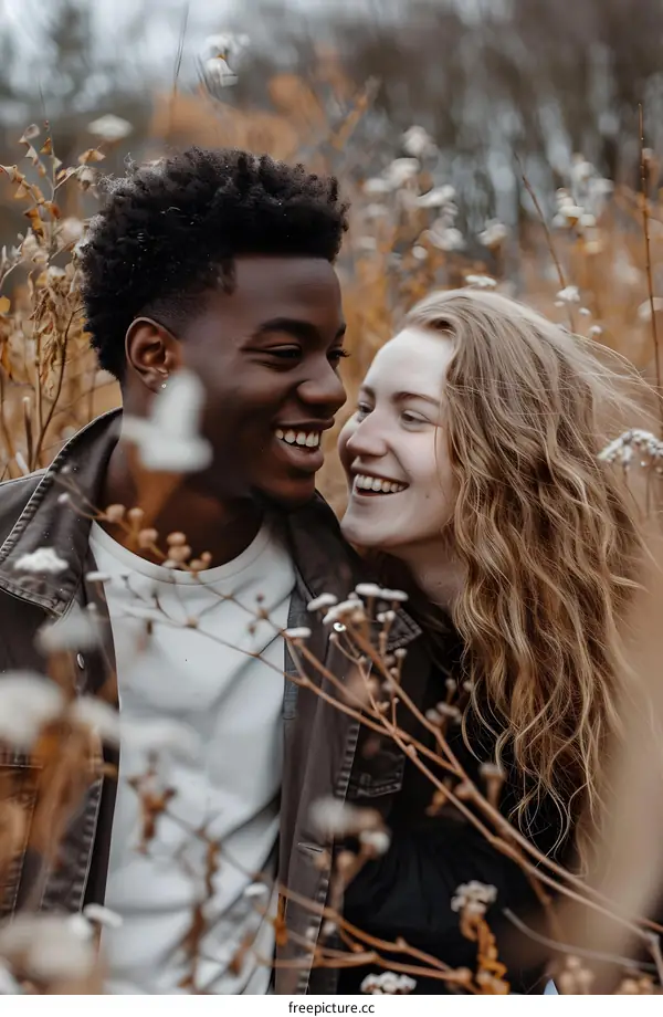 Happy Couple In Love Smiling At Each Other In A Field