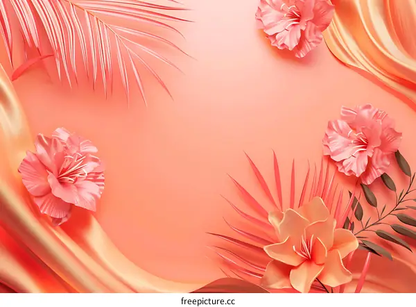 Pink Flower and Palm Leaves Background