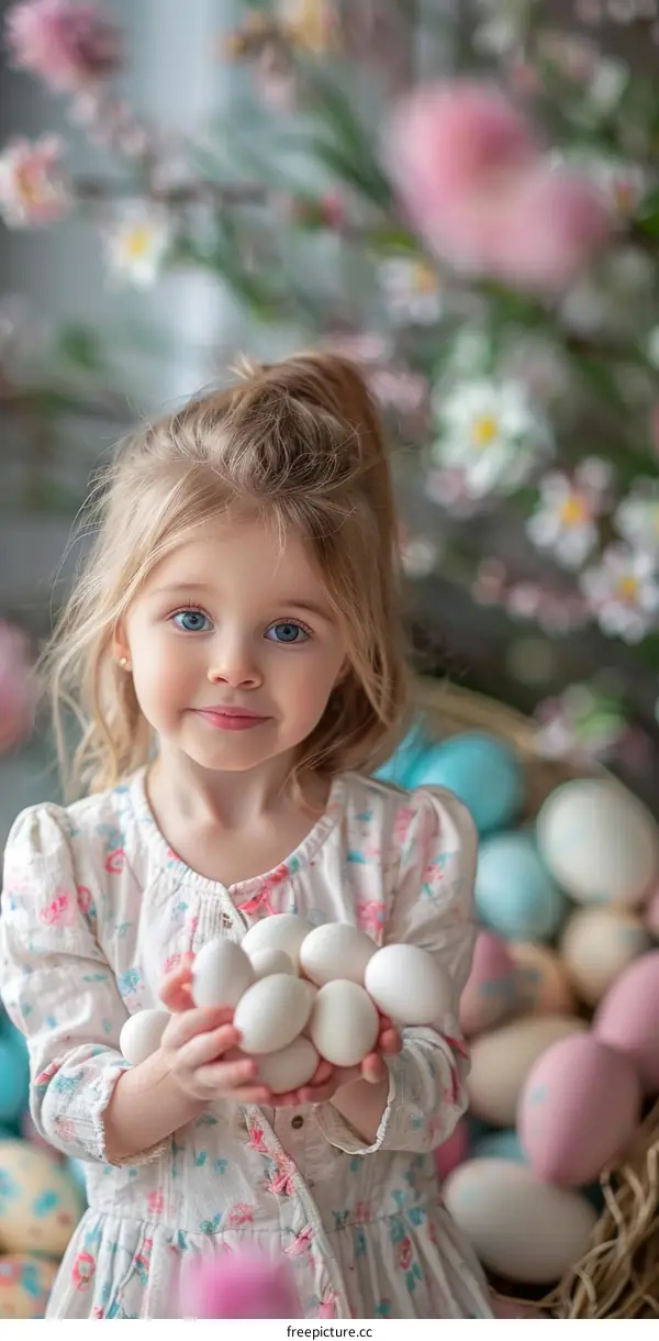 Little girl holding a basket of Easter eggs