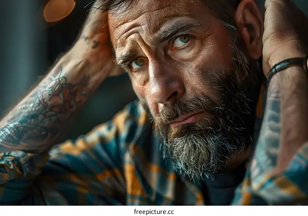 Portrait of a man with tattoos on his arms