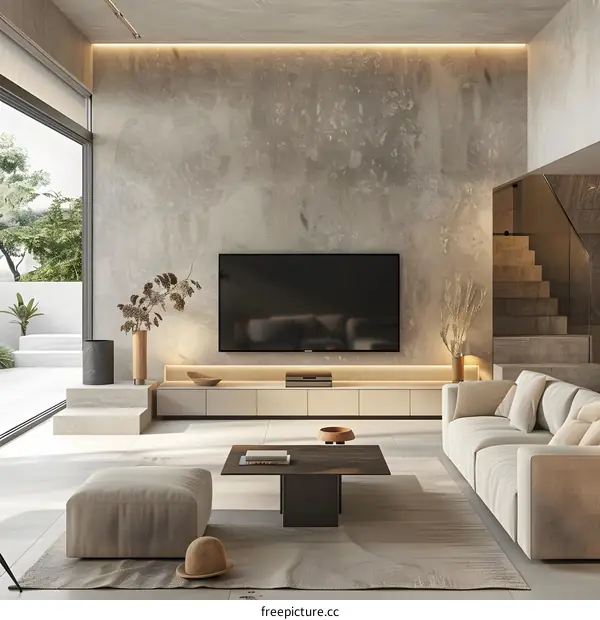 Modern Living Room Interior Design With Concrete Wall And Beige Sofa