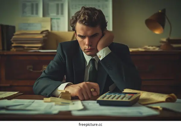 Young male accountant looking stressed while sitting at his desk surrounded by paperwork