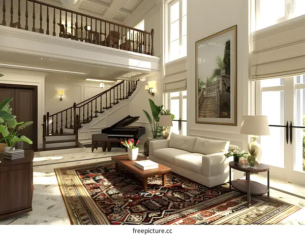 Staircase and living room in a luxury house