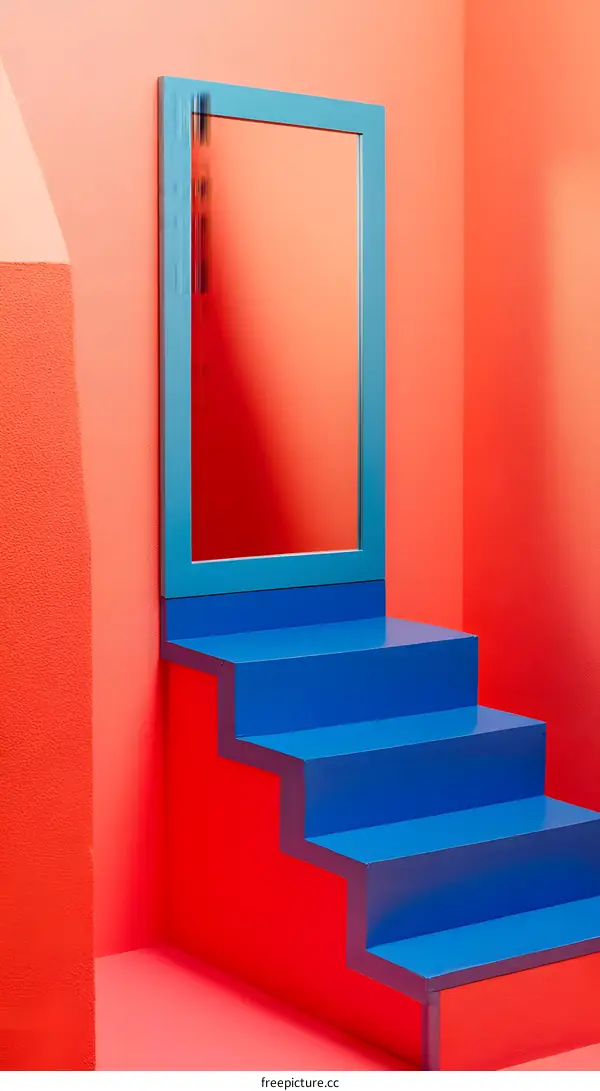 Blue Stairs and Mirror in a Red Room