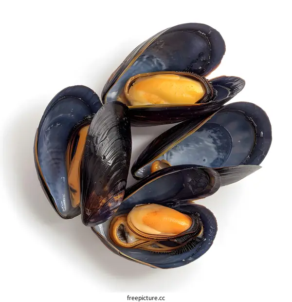 Five open mussels on white background