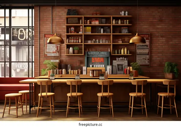retro style coffee shop interior with brick walls and wooden furniture