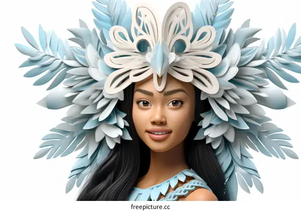 portrait of a young woman wearing a traditional polynesian headdress