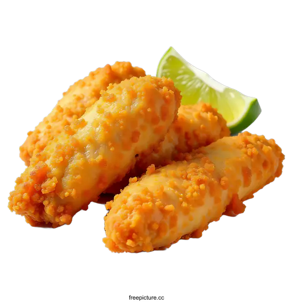[Transparent Background PNG]Crispy Fried Fish Sticks With Lemon Wedge