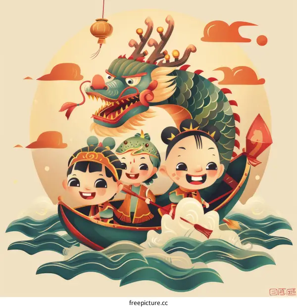 Three Kids Paddle a Dragon Boat in the Water