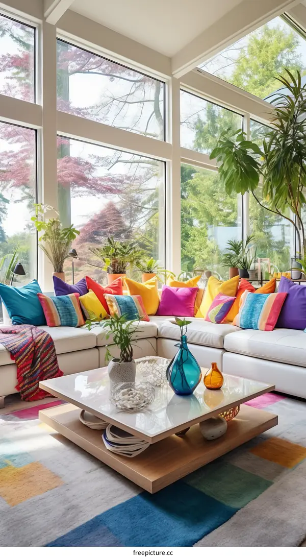 Modern living room interior with large windows and colorful furniture