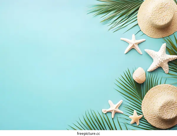 Summer Vacation Tropical Background With Straw Hat and Palm Leaves