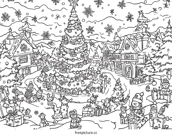 Snowy Christmas Village Coloring Page Illustration