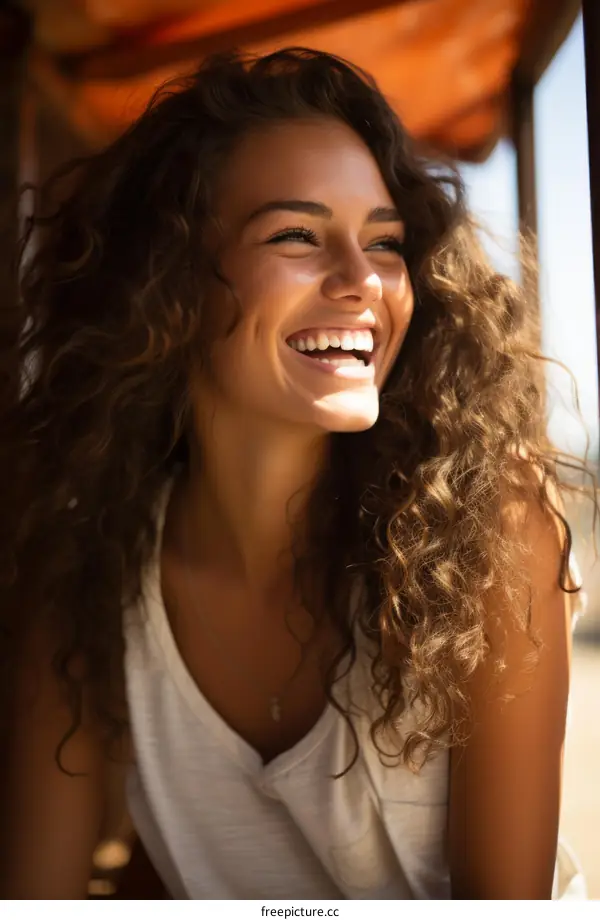Portrait of a beautiful young woman with curly hair smiling