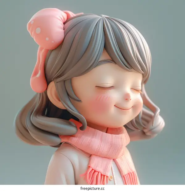 3D rendering of a cute anime girl with gray hair and pink scarf