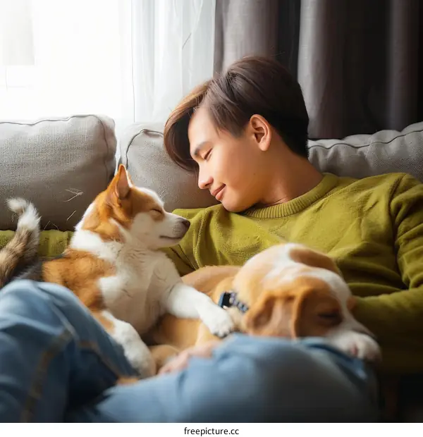 A young man is sitting on a couch with two dogs