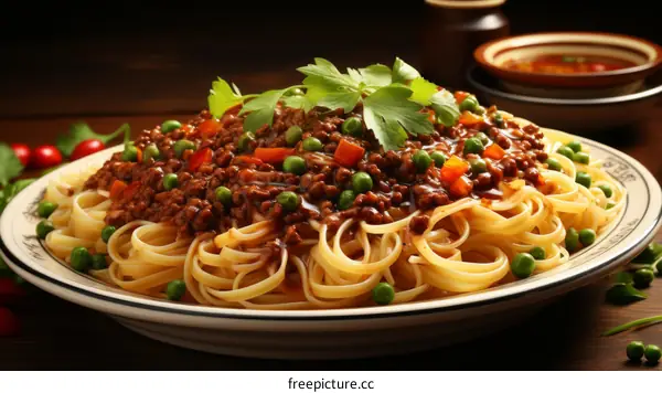 A delicious plate of pasta with ground beef and vegetables