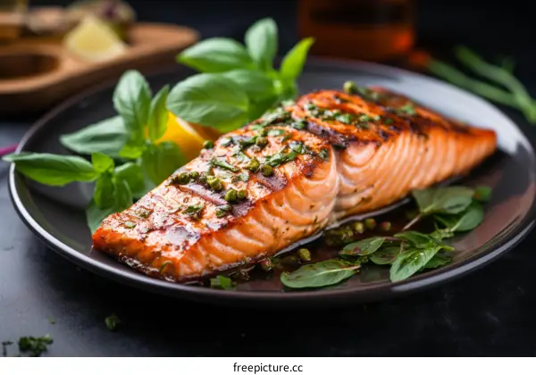 Grilled salmon fillet with lemon and herbs