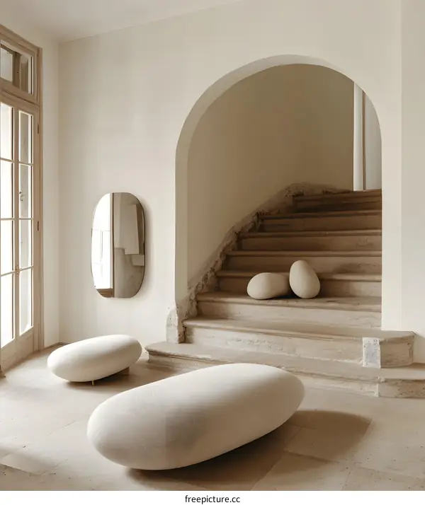 Modern Interior Design with Oval Mirror and Stone-Shaped Ottomans