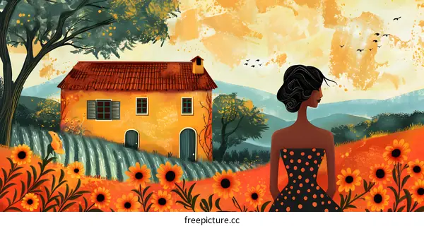 Sunflower field with a house in the distance and a woman standing in the foreground