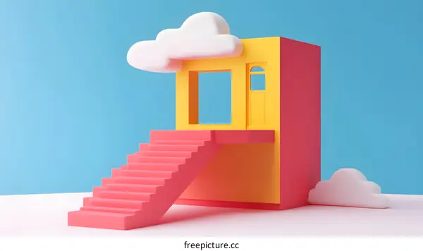 Minimalist House with Stairs and Clouds