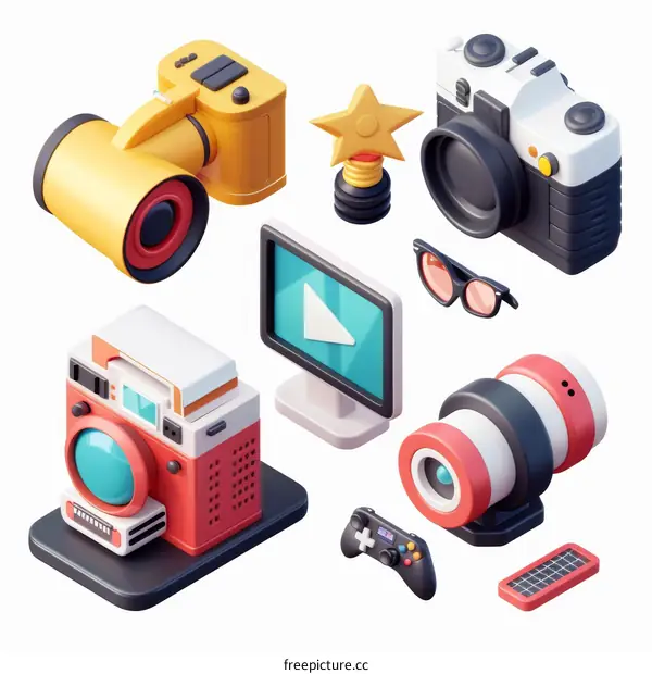 A collection of 3D rendered images of photography and videography equipment.