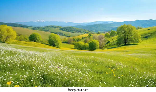 idyllic green rolling hills landscape with wildflowers in the foreground
