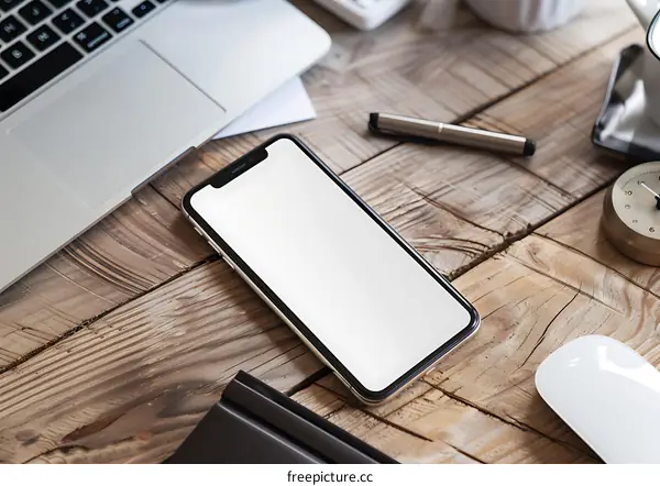 Wooden Desk with Laptop, Phone, Pen, Mouse and Clock