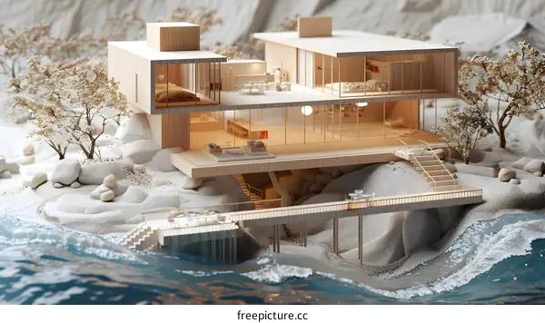 A 3D rendering of a modern beach house with a pool