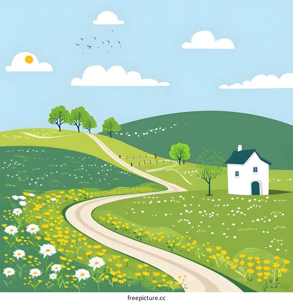 Winding Road Through Green Meadow With White House