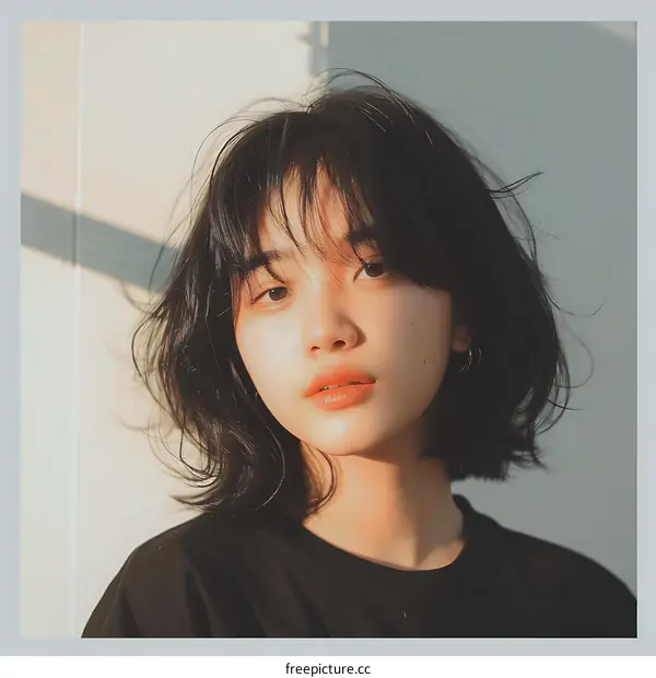 Asian Woman with Short Black Hair and Bangs