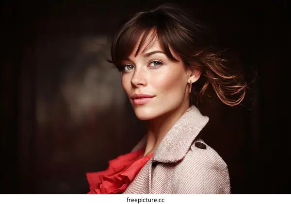 A woman with brown hair and red ruffled collar coat looking ahead