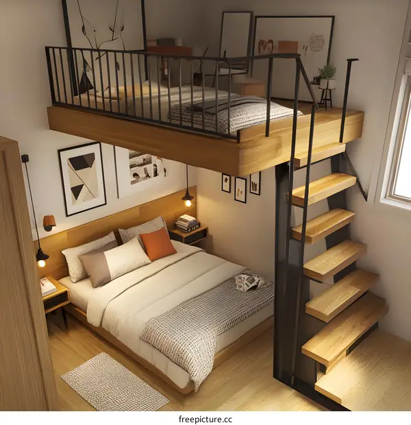 Modern Loft Bedroom Design with Wooden Staircase and Black Metal Railings