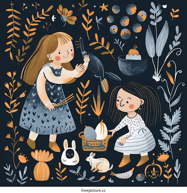 Two Girls in a Floral Illustration