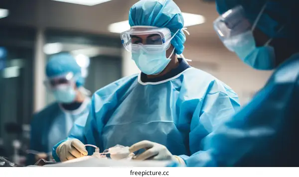 Surgeons performing a surgical operation in a hospital operating room