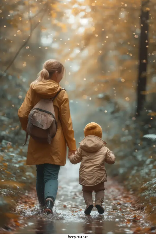 Mother and child walking in the rain in the forest