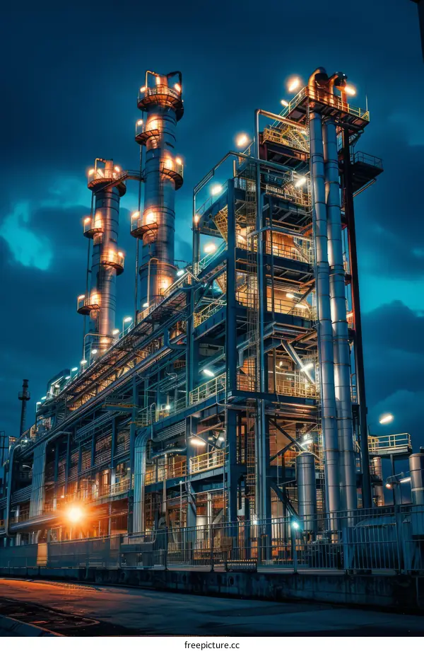 An oil refinery at night