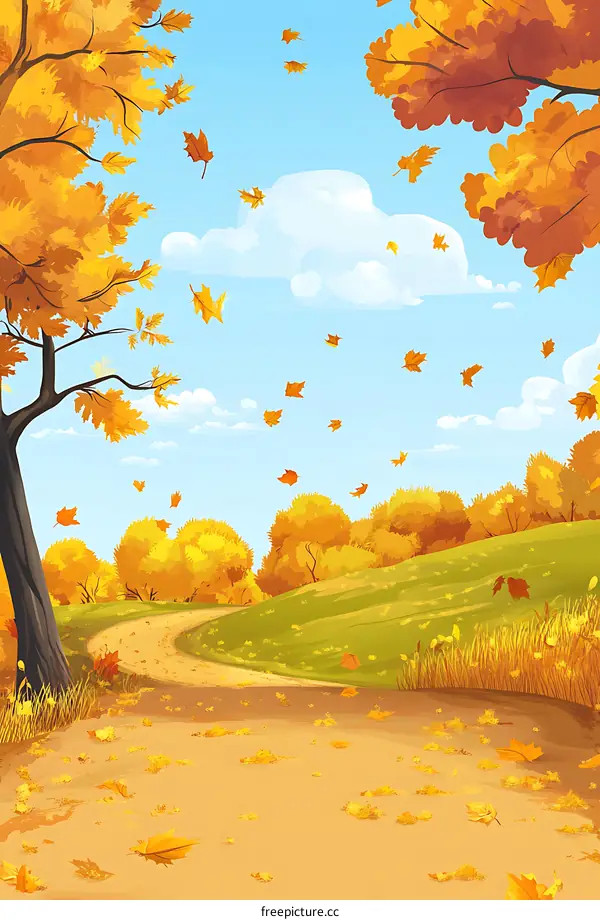Autumn Landscape with Winding Path and Falling Leaves