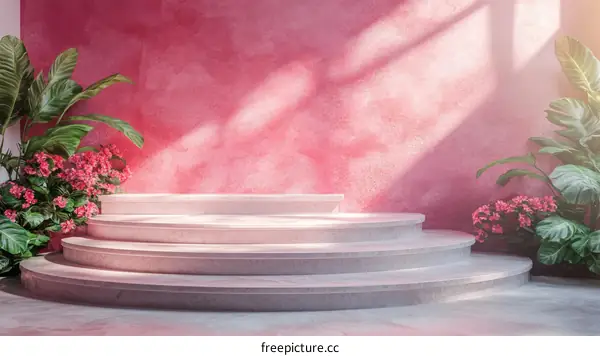 Pink Modern Stairway Display with Tropical Plants