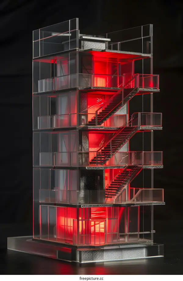 Glass Building Model with Red Lighting
