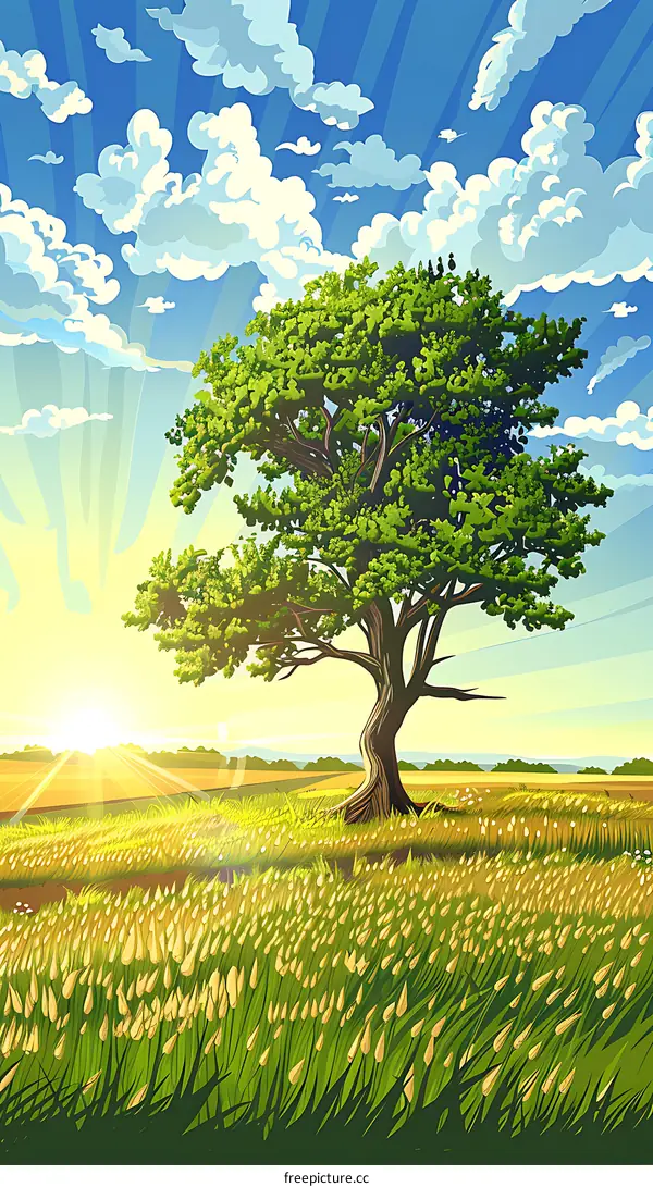 Green Tree in the Field with Sun and Clouds